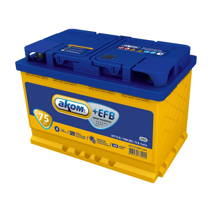Аккумулятор АКОМ  EFB 75Ah 750А прям.п Ca/Ca 278x175x190 6CT-75.1 6CT751